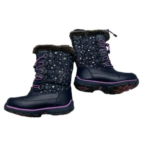 Lands End Youth Girls Size 4M Navy Purple Lace Trim Stars Rain/Snow Winter Boots