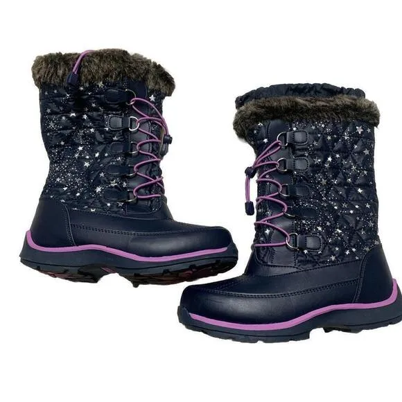 Lands End Youth Girls Size 4M Navy Purple Lace Trim Stars Rain/Snow Winter Boots