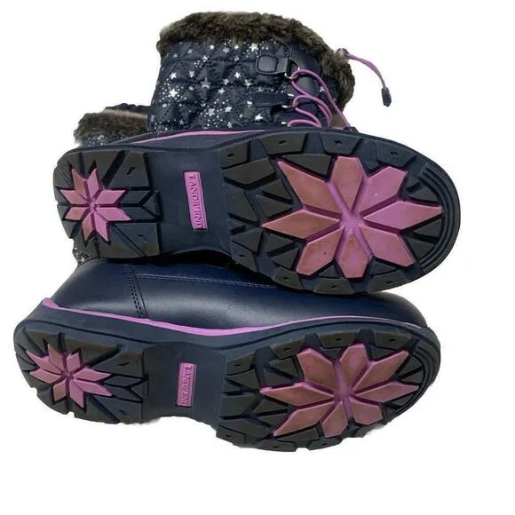 Lands End Youth Girls Size 4M Navy Purple Lace Trim Stars Rain/Snow Winter Boots