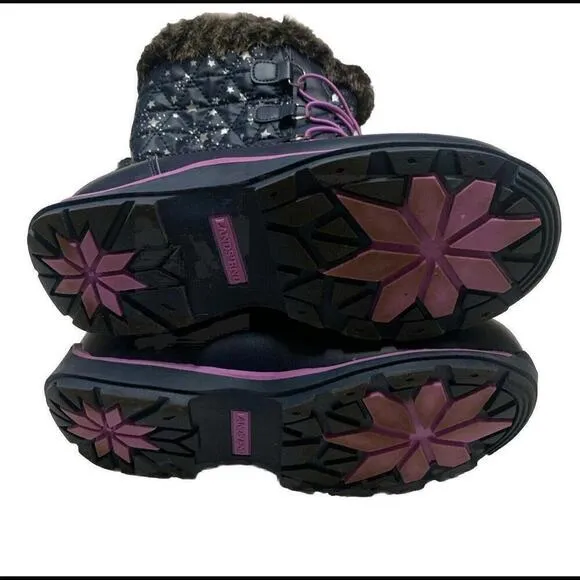 Lands End Youth Girls Size 4M Navy Purple Lace Trim Stars Rain/Snow Winter Boots