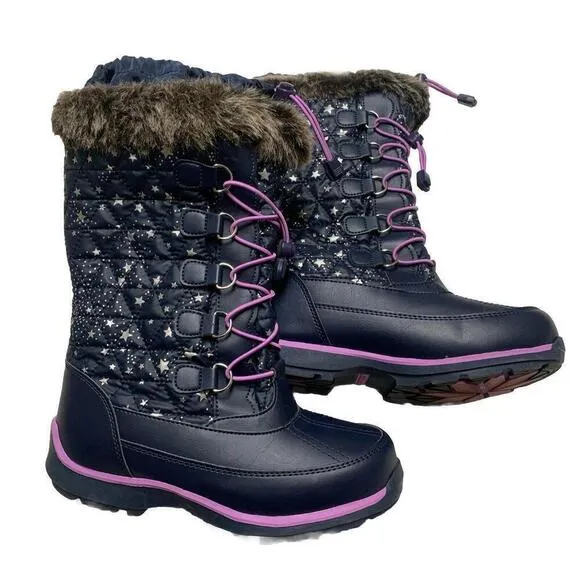 Lands End Youth Girls Size 4M Navy Purple Lace Trim Stars Rain/Snow Winter Boots