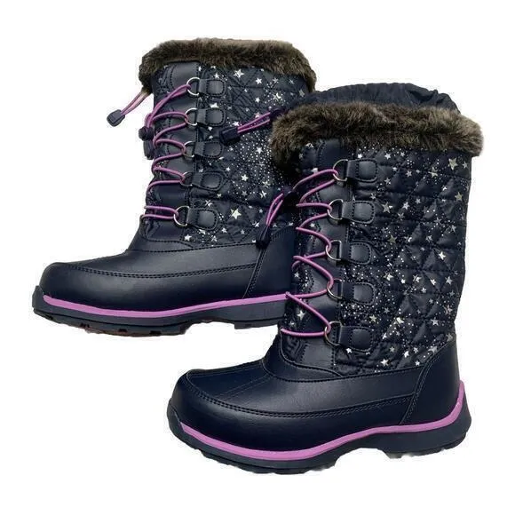 Lands End Youth Girls Size 4M Navy Purple Lace Trim Stars Rain/Snow Winter Boots