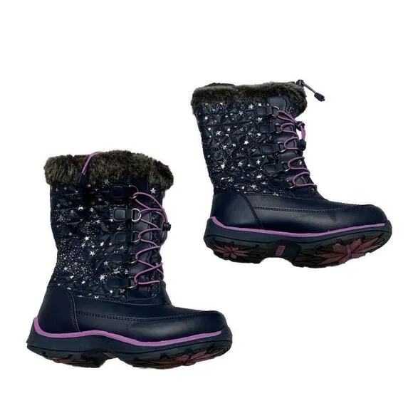 Lands End Youth Girls Size 4M Navy Purple Lace Trim Stars Rain/Snow Winter Boots