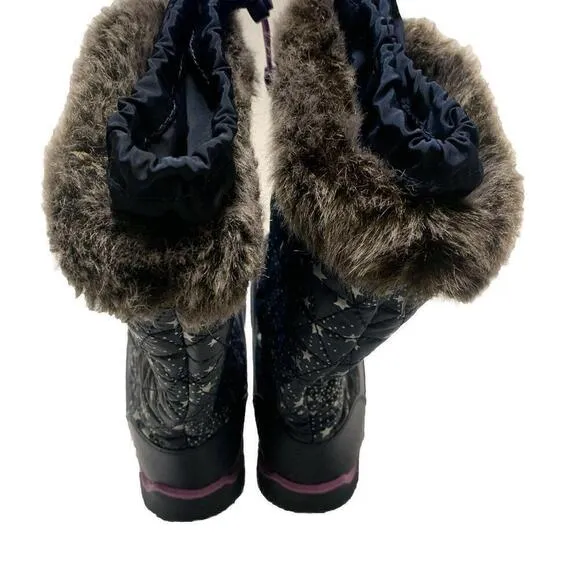 Lands End Youth Girls Size 4M Navy Purple Lace Trim Stars Rain/Snow Winter Boots