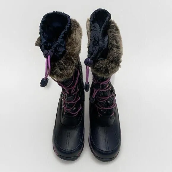 Lands End Youth Girls Size 4M Navy Purple Lace Trim Stars Rain/Snow Winter Boots