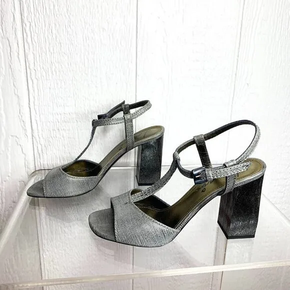 LANVIN Studio 54 Silver Metallic T-Strap Heels US 10.5