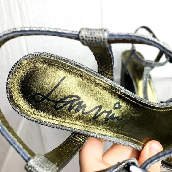 LANVIN Studio 54 Silver Metallic T-Strap Heels US 10.5