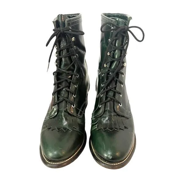 Laredo Leather Kiltie Logger Boots Dark Emerald Green Lace-Up Women’s Size 6