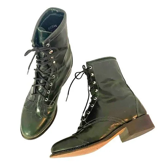 Laredo Leather Kiltie Logger Boots Dark Emerald Green Lace-Up Women’s Size 6