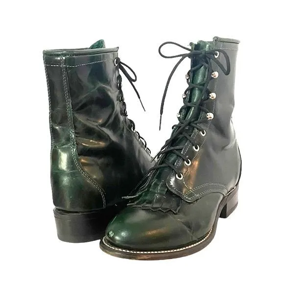 Laredo Leather Kiltie Logger Boots Dark Emerald Green Lace-Up Women’s Size 6