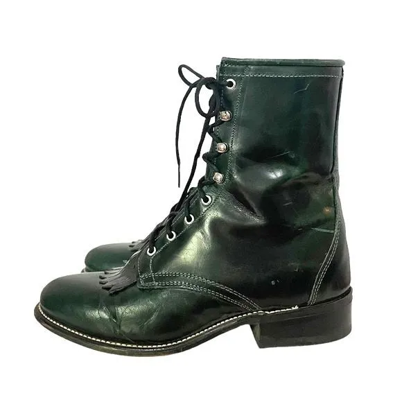 Laredo Leather Kiltie Logger Boots Dark Emerald Green Lace-Up Women’s Size 6