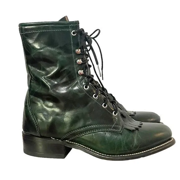 Laredo Leather Kiltie Logger Boots Dark Emerald Green Lace-Up Women’s Size 6