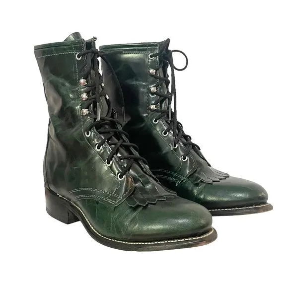Laredo Leather Kiltie Logger Boots Dark Emerald Green Lace-Up Women’s Size 6