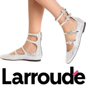 Larroude Alexa Ballet Flats Size 5.5 Silver Glitter Buckled Strappy NEW $330