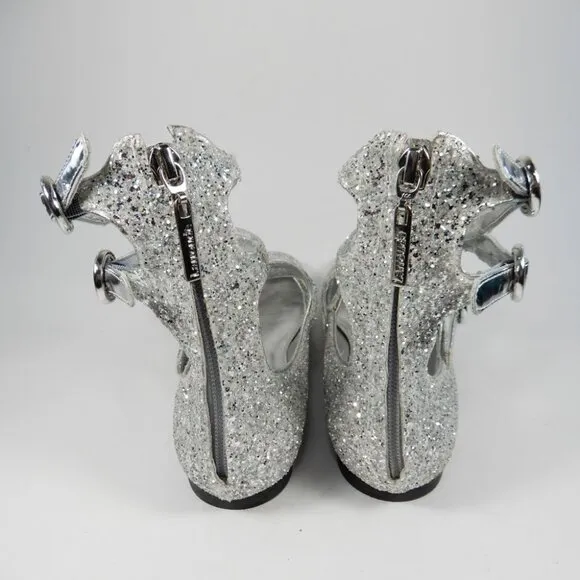 Larroude Alexa Ballet Flats Size 5.5 Silver Glitter Buckled Strappy NEW $330