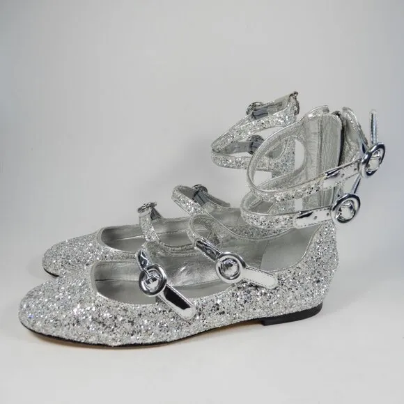 Larroude Alexa Ballet Flats Size 5.5 Silver Glitter Buckled Strappy NEW $330