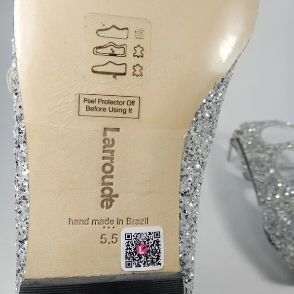 Larroude Alexa Ballet Flats Size 5.5 Silver Glitter Buckled Strappy NEW $330