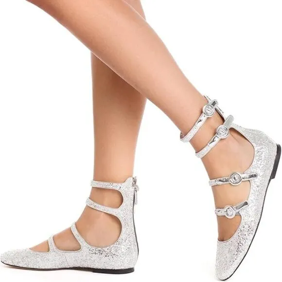 Larroude Alexa Ballet Flats Size 5.5 Silver Glitter Buckled Strappy NEW $330