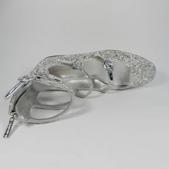 Larroude Alexa Ballet Flats Size 5.5 Silver Glitter Buckled Strappy NEW $330