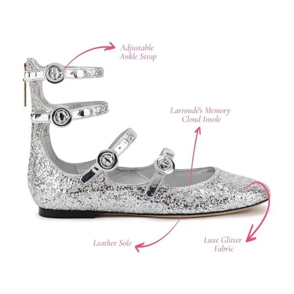 Larroude Alexa Ballet Flats Size 5.5 Silver Glitter Buckled Strappy NEW $330
