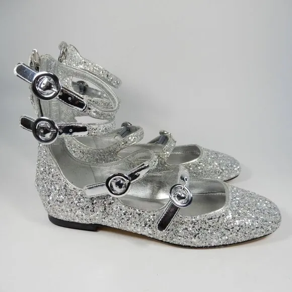 Larroude Alexa Ballet Flats Size 5.5 Silver Glitter Buckled Strappy NEW $330