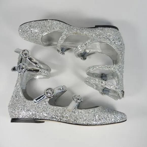 Larroude Alexa Ballet Flats Size 5.5 Silver Glitter Buckled Strappy NEW $330