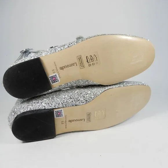 Larroude Alexa Ballet Flats Size 5.5 Silver Glitter Buckled Strappy NEW $330