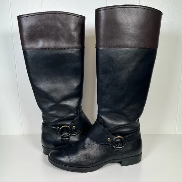 Lauren Ralph Lauren Black / Brown Two-Tone Leather 'Sulita' Riding Boots Size 7