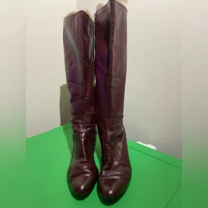 Leather Knee-high Heeled Zippered Boots Burgundy Color