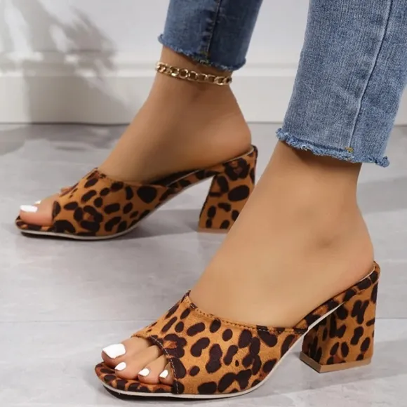 Leopard Block Heel Suede Sandals