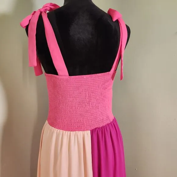 LFD Pink Color Block Maxi Dress w/ Shoulder Ties, Size Medium