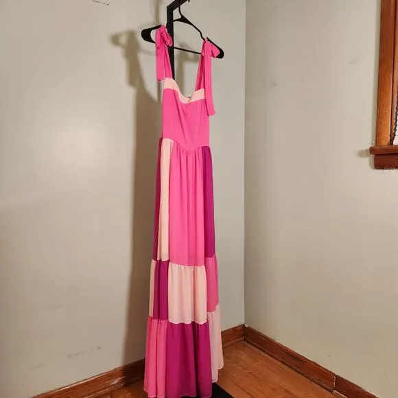 LFD Pink Color Block Maxi Dress w/ Shoulder Ties, Size Medium