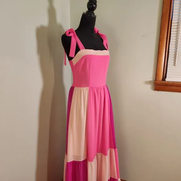 LFD Pink Color Block Maxi Dress w/ Shoulder Ties, Size Medium