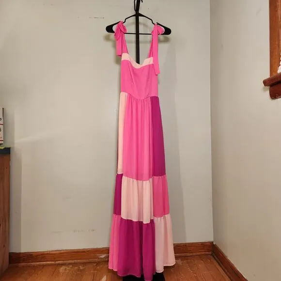LFD Pink Color Block Maxi Dress w/ Shoulder Ties, Size Medium