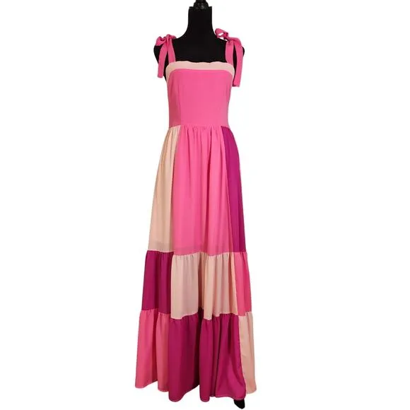 LFD Pink Color Block Maxi Dress w/ Shoulder Ties, Size Medium