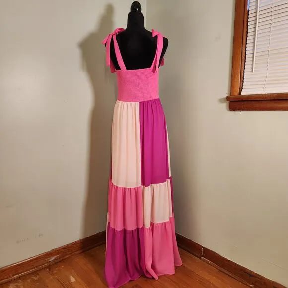 LFD Pink Color Block Maxi Dress w/ Shoulder Ties, Size Medium