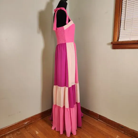 LFD Pink Color Block Maxi Dress w/ Shoulder Ties, Size Medium