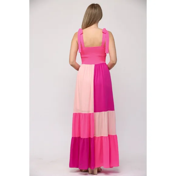LFD Pink Color Block Maxi Dress w/ Shoulder Ties, Size Medium