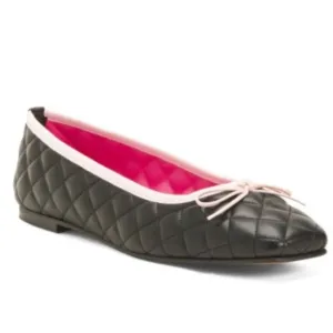 LIBERA MENTE Black Leather pink lining trim Quilted bow Ballet Flats size 10 new