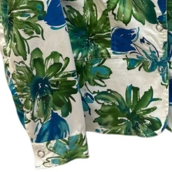 Lightweight Jacket Multicolor Tropical Floral Print Snap Button Front Size Large