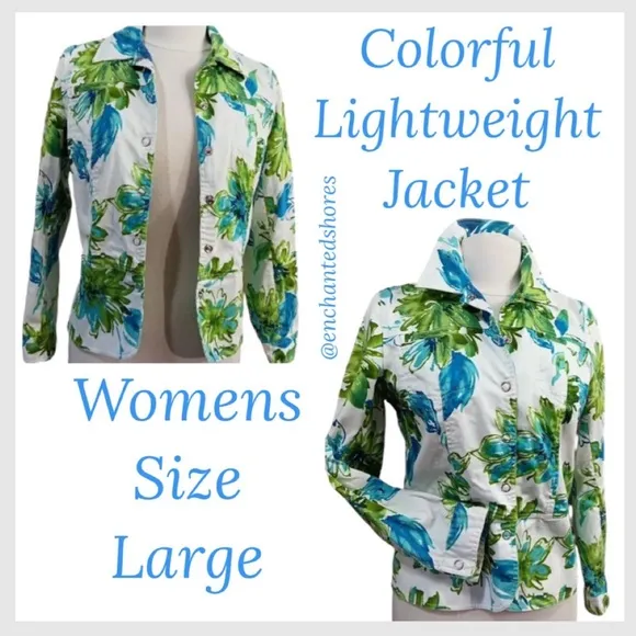Lightweight Jacket Multicolor Tropical Floral Print Snap Button Front Size Large