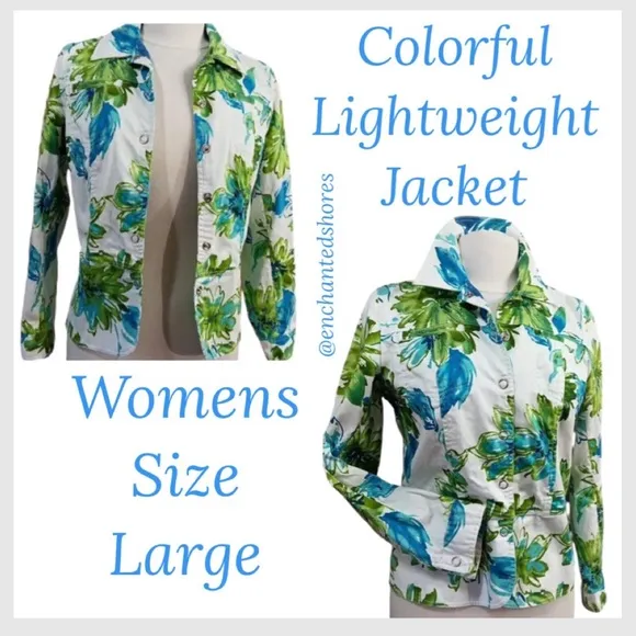 Lightweight Jacket Multicolor Tropical Floral Print Snap Button Front Size Large