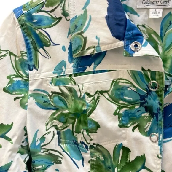Lightweight Jacket Multicolor Tropical Floral Print Snap Button Front Size Large