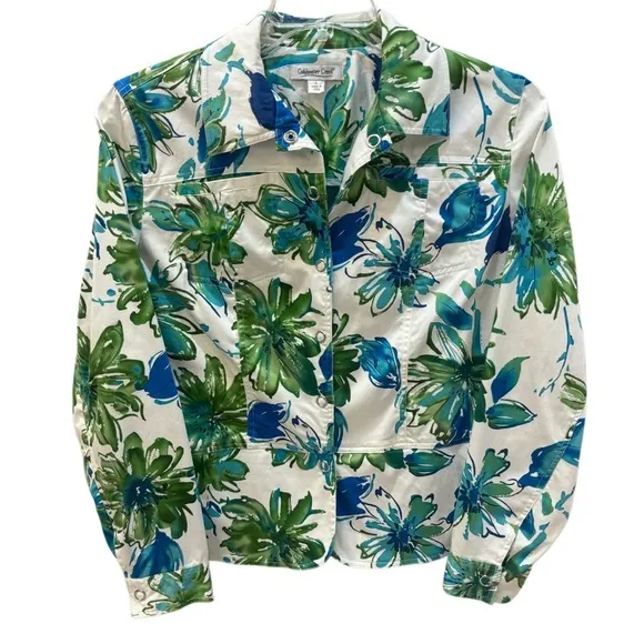 Lightweight Jacket Multicolor Tropical Floral Print Snap Button Front Size Large