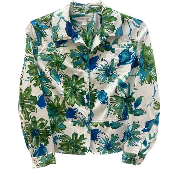 Lightweight Jacket Multicolor Tropical Floral Print Snap Button Front Size Large