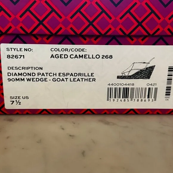 Like new! Tory Burch Diamond Patch Leather Espadrill Wedge in Aged Camel…