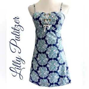 Lilly Pulitzer Adorable Rilee Bright Navy Hey Sailor Mermaid Lace Up Dress 2 EUC