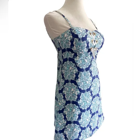 Lilly Pulitzer Adorable Rilee Bright Navy Hey Sailor Mermaid Lace Up Dress 2 EUC