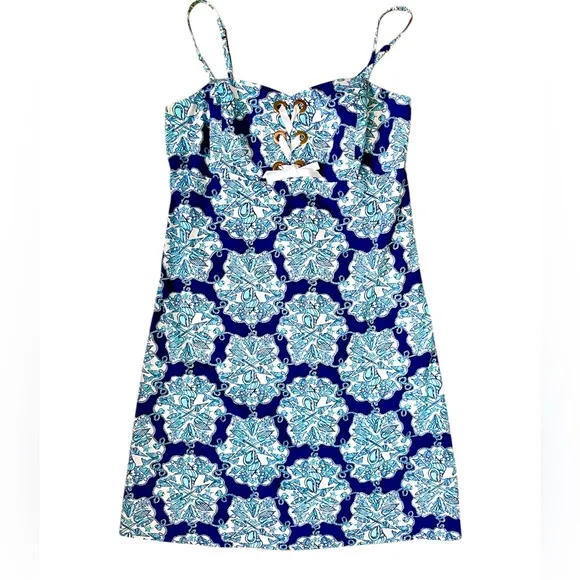 Lilly Pulitzer Adorable Rilee Bright Navy Hey Sailor Mermaid Lace Up Dress 2 EUC