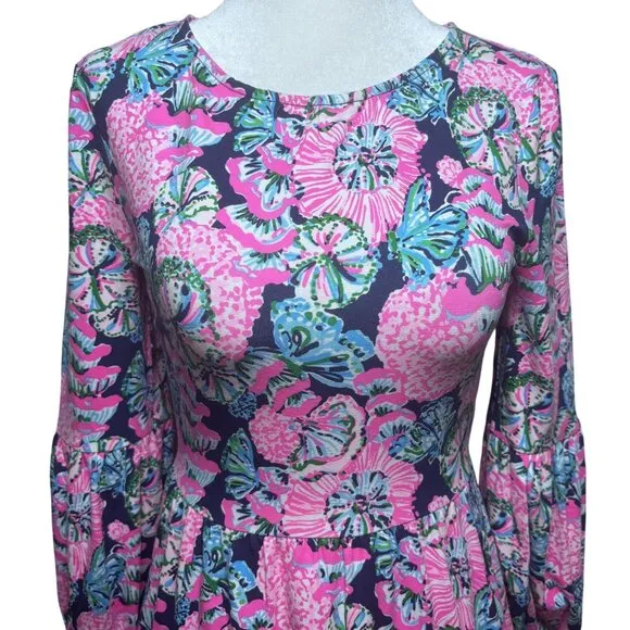 Lilly Pulitzer Dress XXS Pink Floral Long Sleeve A-Line Boho Party Beach Casual